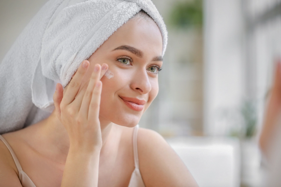 kobieta z ręcznikiem kąpielowym na głowie aplikująca sobie krem do twarzy