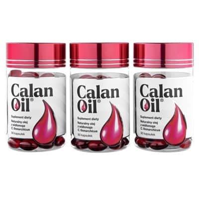 trzy opakowania suplementu omega 3 CalanOil